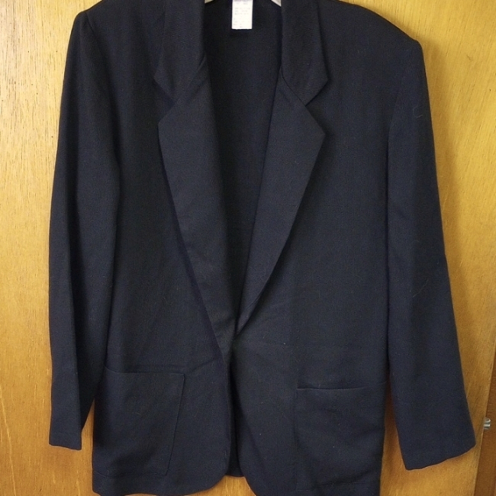 Claude Black Pinstriped Blazer Jacket, Polyester & Rayon, Pockets, Button